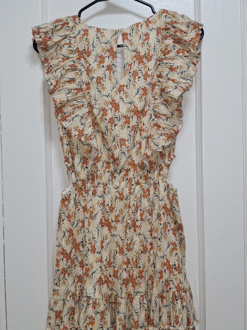 MINKPINK Floral Ruffle Mini Dress Side Cutout Cream Orange Size S NWT - Picture 12 of 17